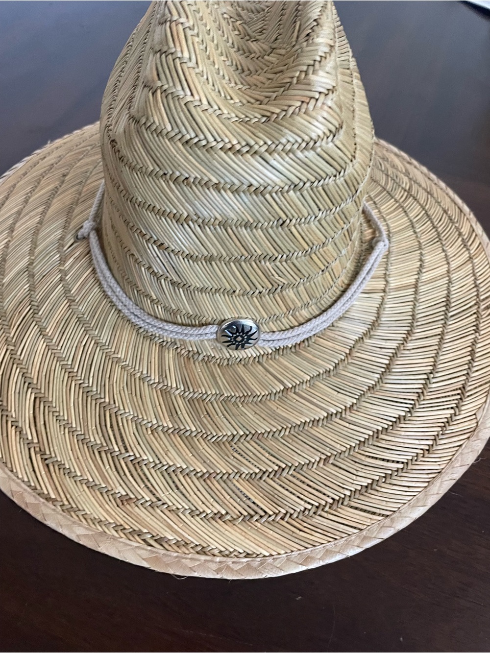 Woven Straw Sun Hat with Braided Cord and Sun Emblem - Natural Beige